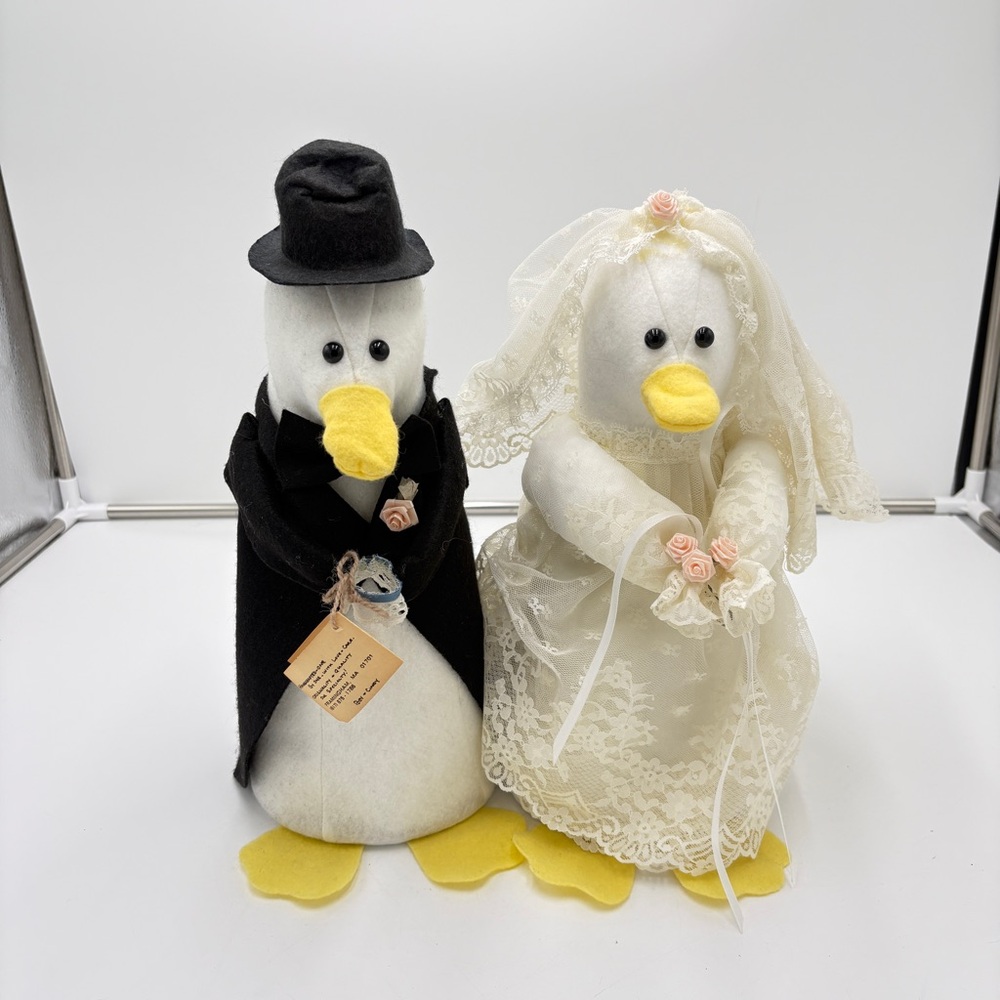 Vintage Handmade Whimsical Wedding Bride Groom Felt Plush Statue Duck Goose